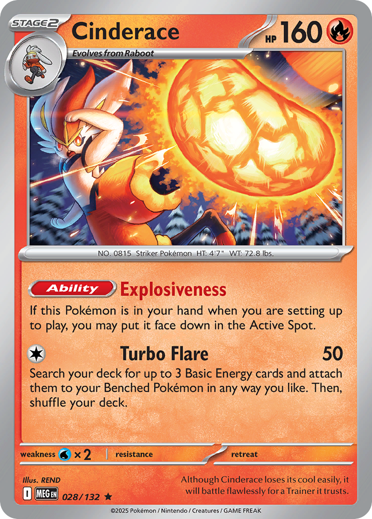 Cinderace - 28/132 - Reverse Holofoil - NM - Rare - Mega Evolution