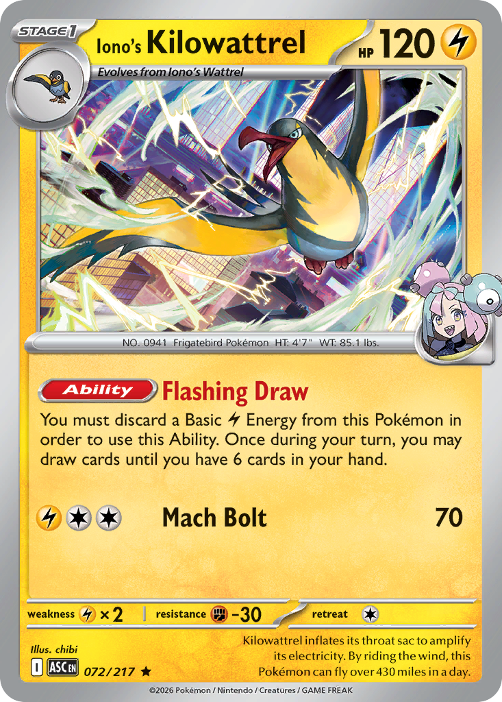 Iono's Kilowattrel - 72/217 - Holofoil - NM - Rare - Ascended Heroes