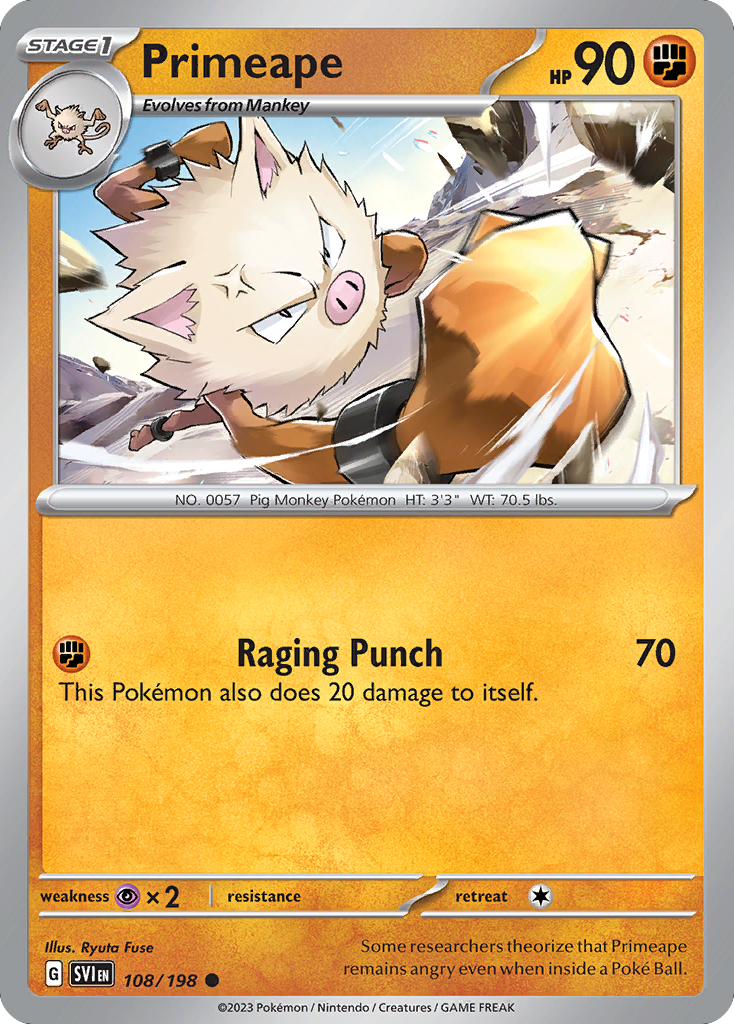 Primeape - 108/198 - Reverse Holofoil - NM - Common - Scarlet & Violet