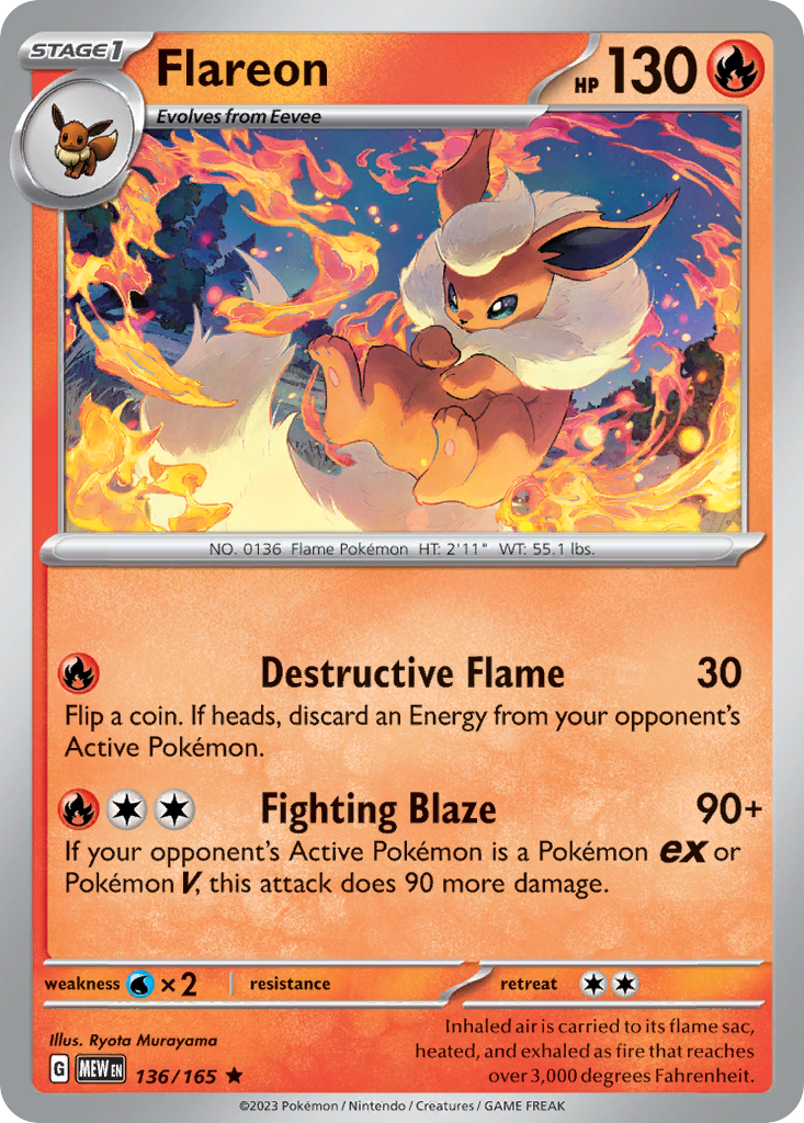 Flareon - 136/165 - Holofoil - NM - Rare - 151