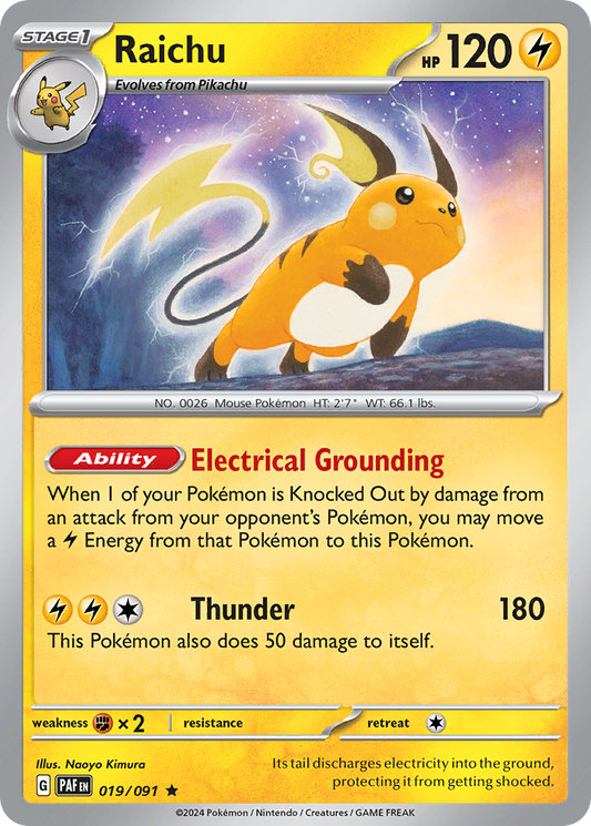 Raichu - 19/91 - Reverse Holofoil - NM - Rare - Paldean Fates
