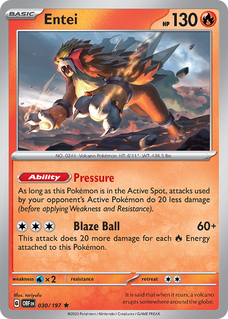 Entei - 30/197 - Holofoil - NM - Rare - Obsidian Flames