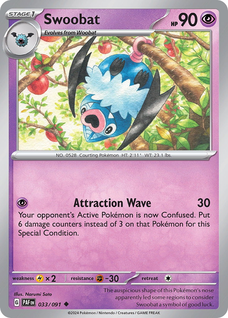 Swoobat - 33/91 - Normal - NM - Uncommon - Paldean Fates