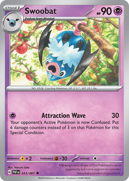 Swoobat - 33/91 - Normal - NM - Uncommon - Paldean Fates
