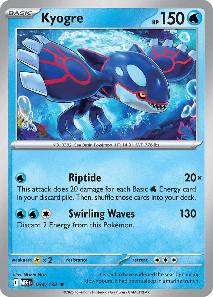 Kyogre - 34/132 - Reverse Holofoil - NM - Rare - Mega Evolution