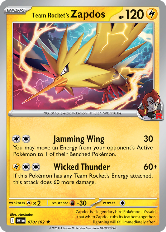Team Rocket's Zapdos - 70/182 - Holofoil - NM - Rare - Destined Rivals