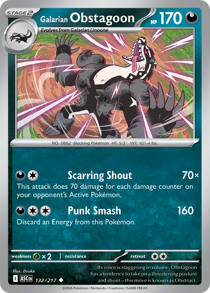 Galarian Obstagoon (Energy Symbol Pattern) - 132/217 - Reverse Holofoil - NM - Uncommon - Ascended Heroes